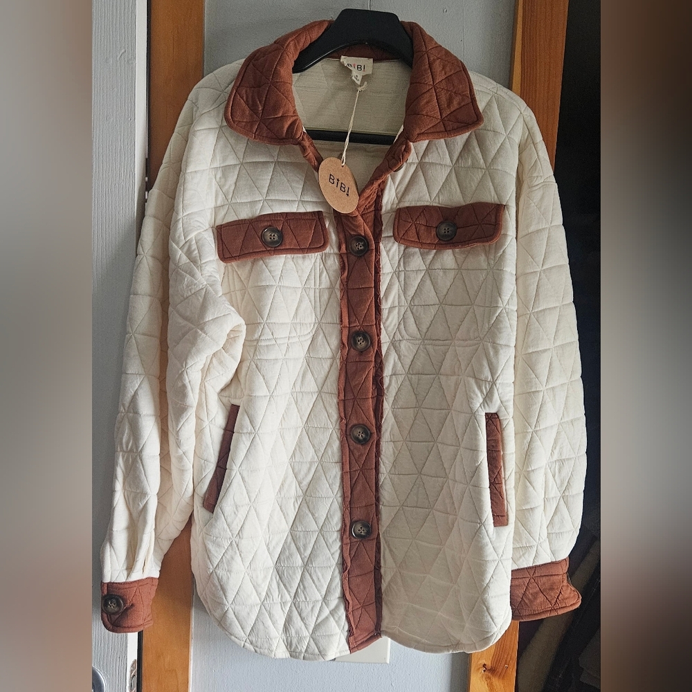 Quilted White and Brown Jacket Run Oversized Will Fit Medium